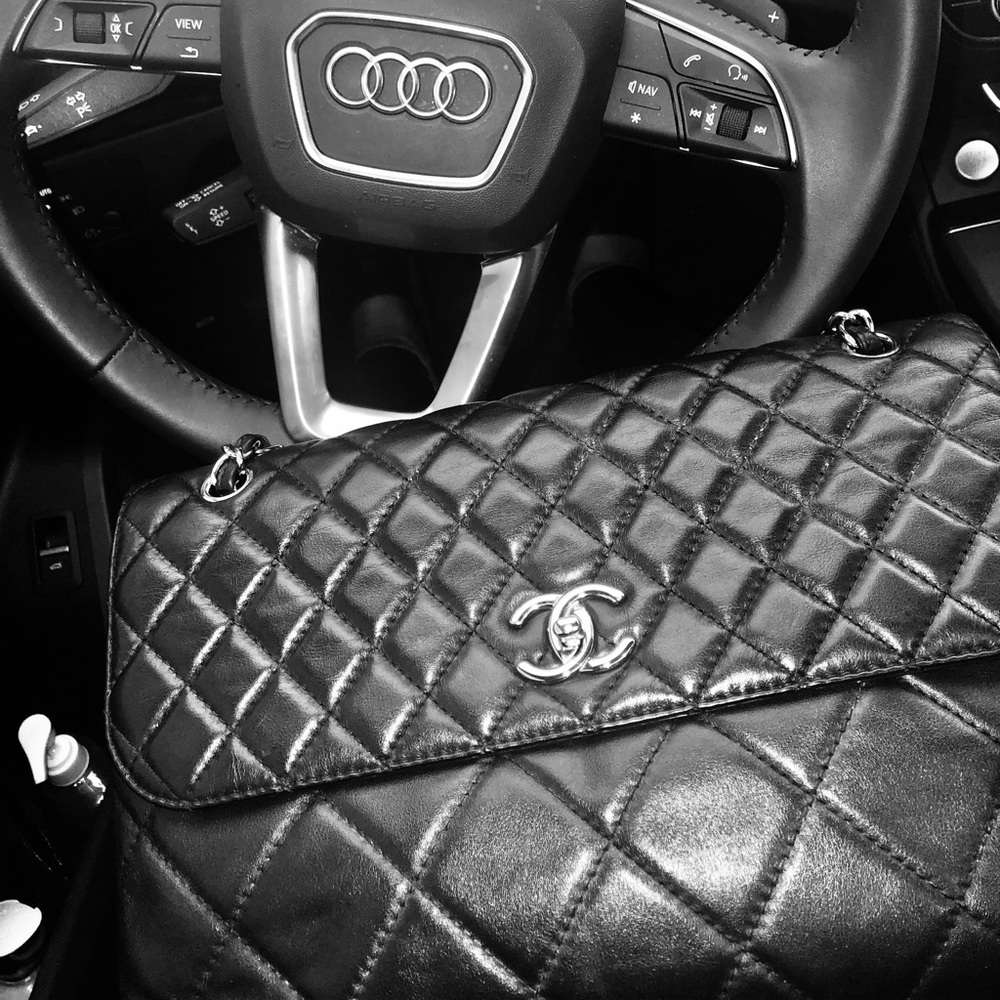 Auth Chanel Dbl Flap Blk Leather Silver Chain Bag